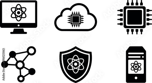 Black and white technology icons with atom and chip motifs in vector art