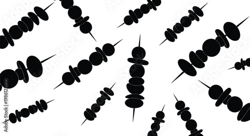 Minimalist black silhouette illustration of assorted meat and vegetable skewers for grilling