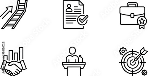 Black and white line art business success icons with ladder paper briefcase handshake podium and target