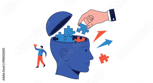 Human head being filled with various blue and red puzzle pieces by giant hands representing corporate knowledge training and development.