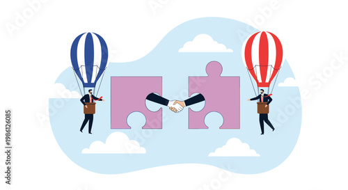 Two businessmen in separate hot air balloons shaking hands through a gap between two large purple puzzle pieces in the sky for a partnership.
