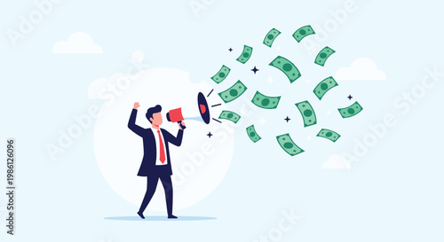 Professional businessman shouting into a megaphone as many green dollar bills fly out to represent high profit and financial success in sales.