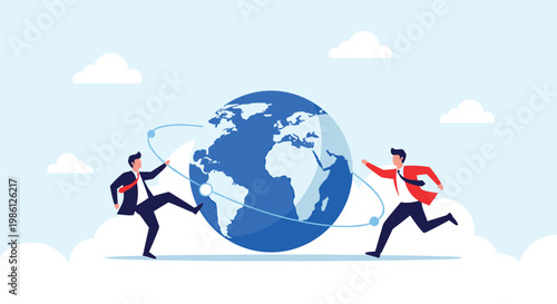 Two professional businessmen in suits running quickly in opposite directions around a large blue and white globe for global commerce expansion.