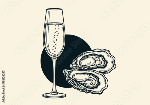 Vintage Line Art Illustration of a Champagne Glass and Fresh Oysters on Half Shell, Luxury Seafood Appetizer and Sparkling Wine for Celebration