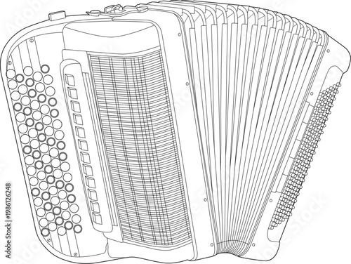 Detailed black and white illustration of a musical accordion instrument