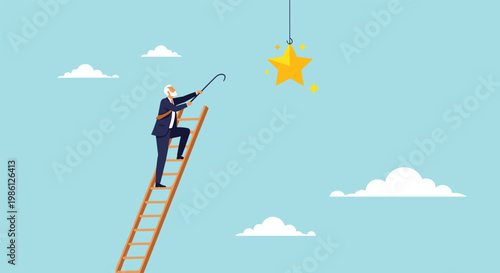 Determined senior businessman on a tall wooden ladder using a hook to reach and grab a shining golden star in the sky for life achievement.
