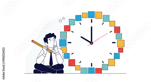 Businessman sitting on the ground thinking deeply while holding a pencil next to a large clock made of many colorful blocks for productivity.