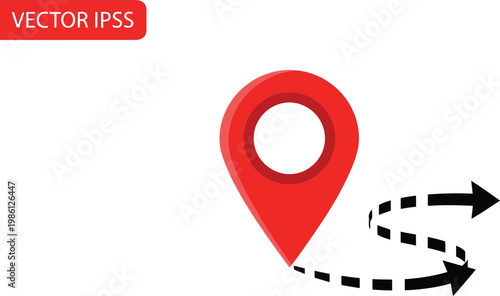 Red location pin marker with dashed line and arrow showing route, navigation and travel planning vector