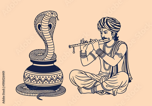 Traditional Indian Snake Charmer Playing Flute to a King Cobra Emerging from a Pot, Vintage Style Line Art Illustration