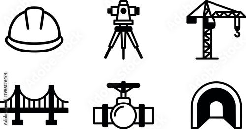 Black and white line art construction helmet surveying tripod crane bridge valve tunnel icons