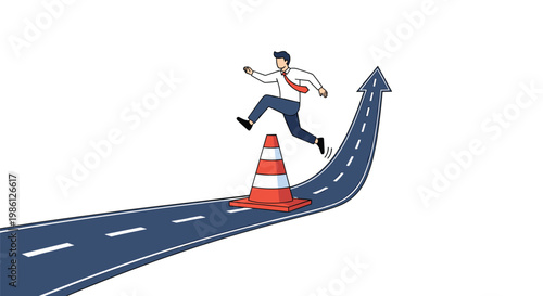 Ambitious businessman jumps over an orange traffic cone obstacle while running upward on a blue road toward career success.