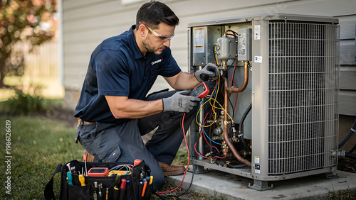 Technician Maintaining Air Conditioning Unit Residential HVAC Service Concept