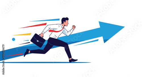 Motivated businessman runs at high speed with his briefcase as a blue upward arrow behind him signifies rapid professional growth.