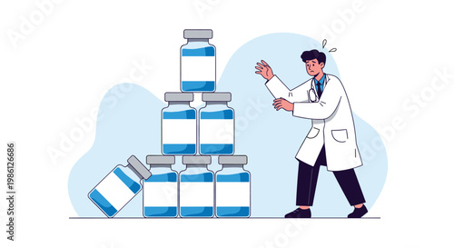 Worried doctor in a lab coat tries to catch a falling glass vaccine vial from a precarious pyramid of medicine bottles.