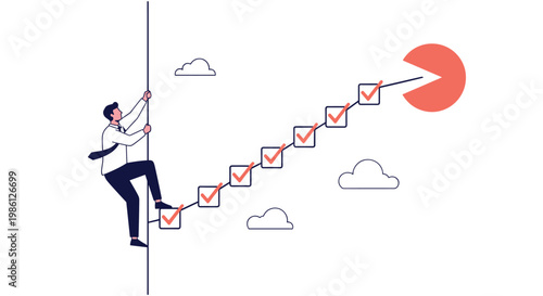 Determined man climbs a vertical pole to reach a staircase made of checkmarks that leads to a red financial pie chart goal.