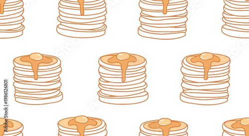 Seamless pattern of hand-drawn pancake stacks with butter and syrup dripping down
