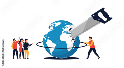 Group of concerned people watches as a man uses a giant saw to cut through the center of planet earth illustrating destruction.