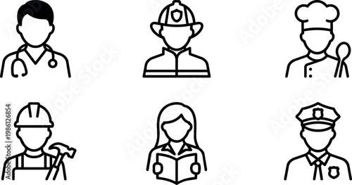 Line art worker icons doctor firefighter chef builder reader police officer