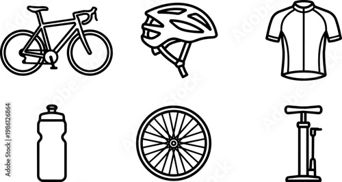 Black and white line art bicycle helmet jersey water bottle wheel and pump icons