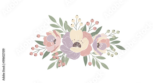 Pastel Floral Arrangement with Berries and Leaves - Soft Botanical Design