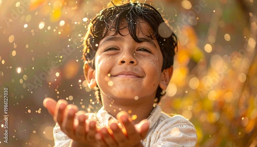 Smiling child with outstretched hands, surrounded by glittering golden particles in soft, warm light