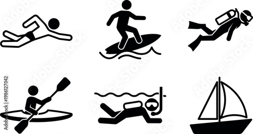 Black and white water sports icons swimming surfing scuba kayaking sailing