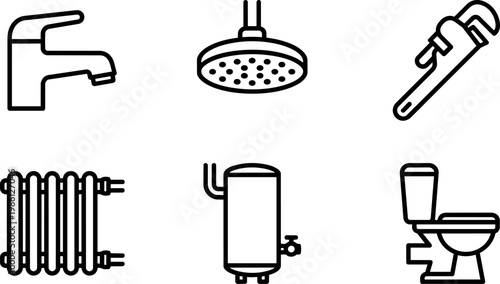 Black and white line art plumbing icons faucet shower wrench radiator water heater toilet