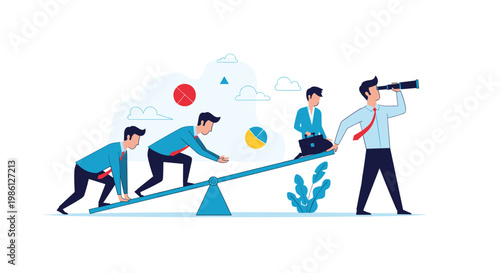 Visionary businessman uses a telescope while balancing on a see-saw with his colleagues to find new growth opportunities.