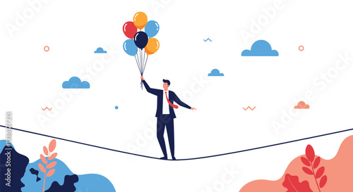 Businessman performs a dangerous tightrope walk while holding a bunch of colorful balloons to represent risk management.