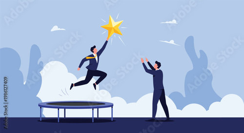Motivated businessman uses a trampoline to jump high into the air and reach for a golden star against a blue sky.