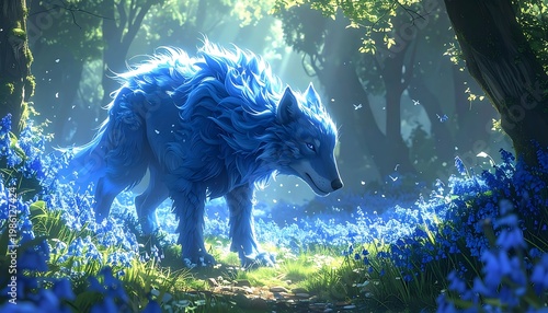 Ethereal blue wolf in a sun-dappled forest of bluebells. Mystical, serene, and fantastical atmosphere