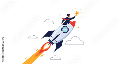 Brave female entrepreneur rides a rocket ship through the clouds to reach for a bright golden star in the sky.