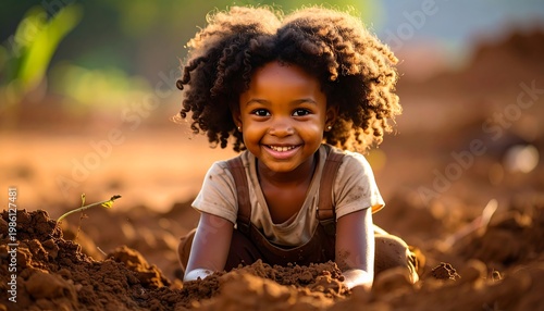 Smiling child with curly hair, playing in rich, brown soil with green plants in blurred background