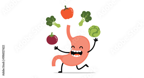 Happy cartoon stomach character juggling several fresh healthy vegetables like broccoli and peppers to represent good digestion and wellness.