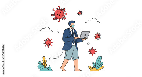 Professional businessman wearing a face mask and casual shorts walking with a laptop during the pandemic while virus cells float in the air.
