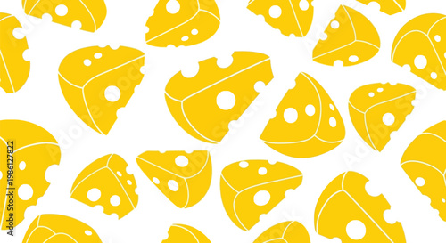 Seamless pattern of yellow swiss cheese wedges with holes for food design and backgrounds