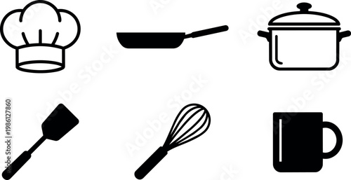 Black silhouette kitchen utensils chef hat frying pan pot spatula whisk and mug vector art
