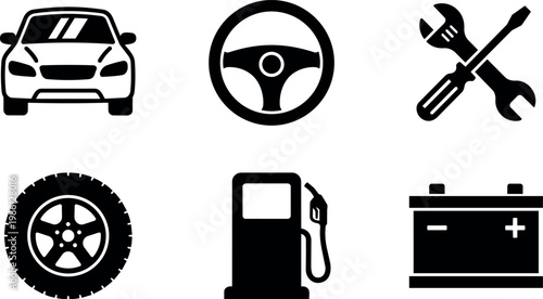 Black and white car icons with steering wheel tools tire fuel battery
