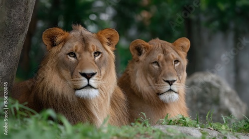 A pair of powerful male lions resting in a lush natural setting gazing toward the viewer