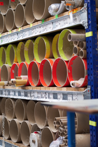 rows of material cardboard rolls and cardboard cores stored on industrial rack in textile and manufacturing workspace. Fabric and manufacturing textile storage.
