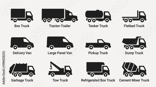 Minimalist flat icon set of trucks and delivery vehicles in various types.