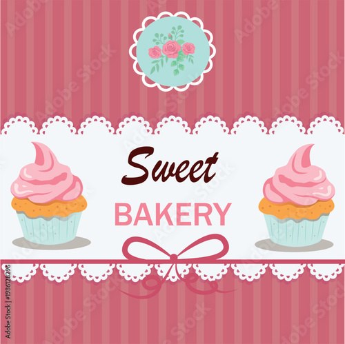 Sweet bakery banner with cupcakes and lace decoration