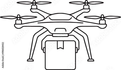 Art & Illustration, Flying delivery drone carrying package box outline icon.