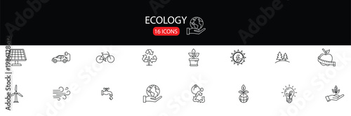 Ecology icon set: outline editable stroke icons with thin line style for sustainability. Recycle, solar power, eco, nature, eco farming, green, environment, bio energy, clear water - stock vector.