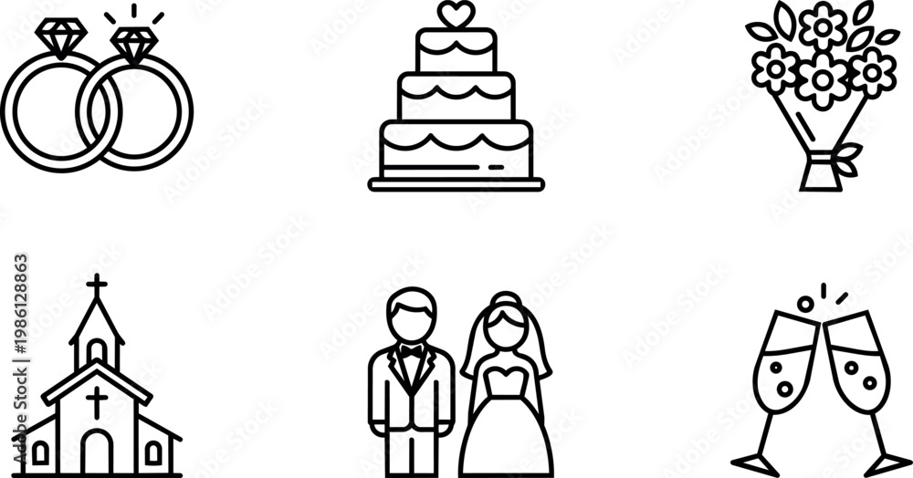 Fototapeta premium Black and white line art wedding ring cake bouquet church bride groom and champagne glass icons