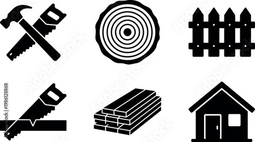 Black silhouette carpentry tools wood planks saw hammer fence log and house icons