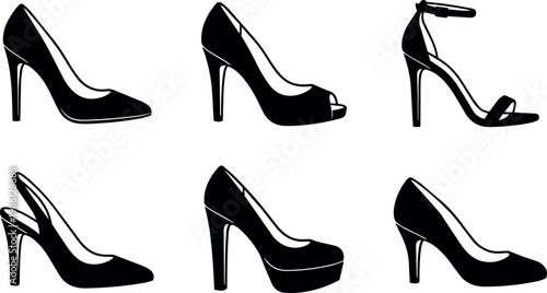 Black silhouette collection of six different women high heel shoes side view vector art
