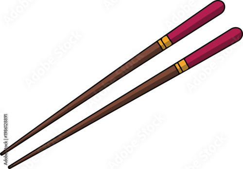 Pair of stylish maroon and brown skis with gold accents placed side by side