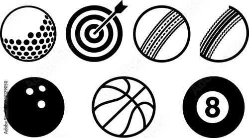 Seven sports balls including golf basketball and bowling