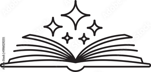 An open book is depicted with sparkling stars emerging from its pages in a line art style.